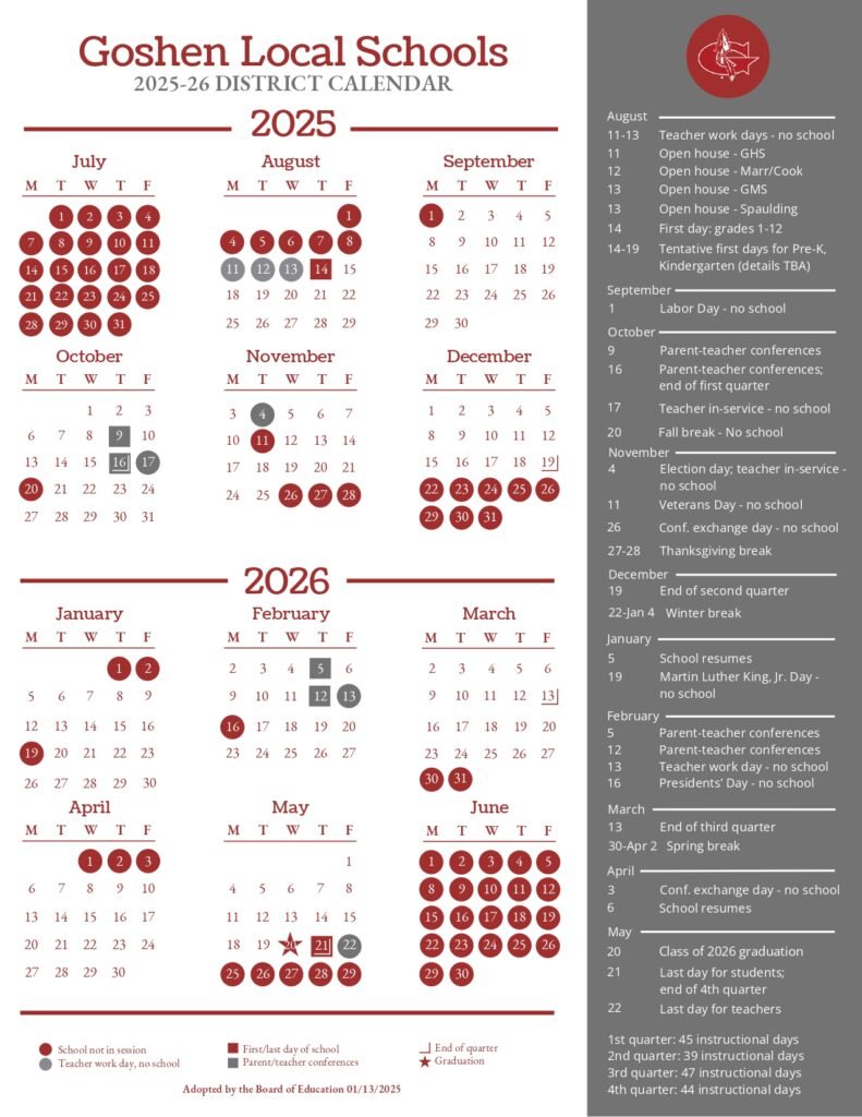 Goshen Local Schools calendar