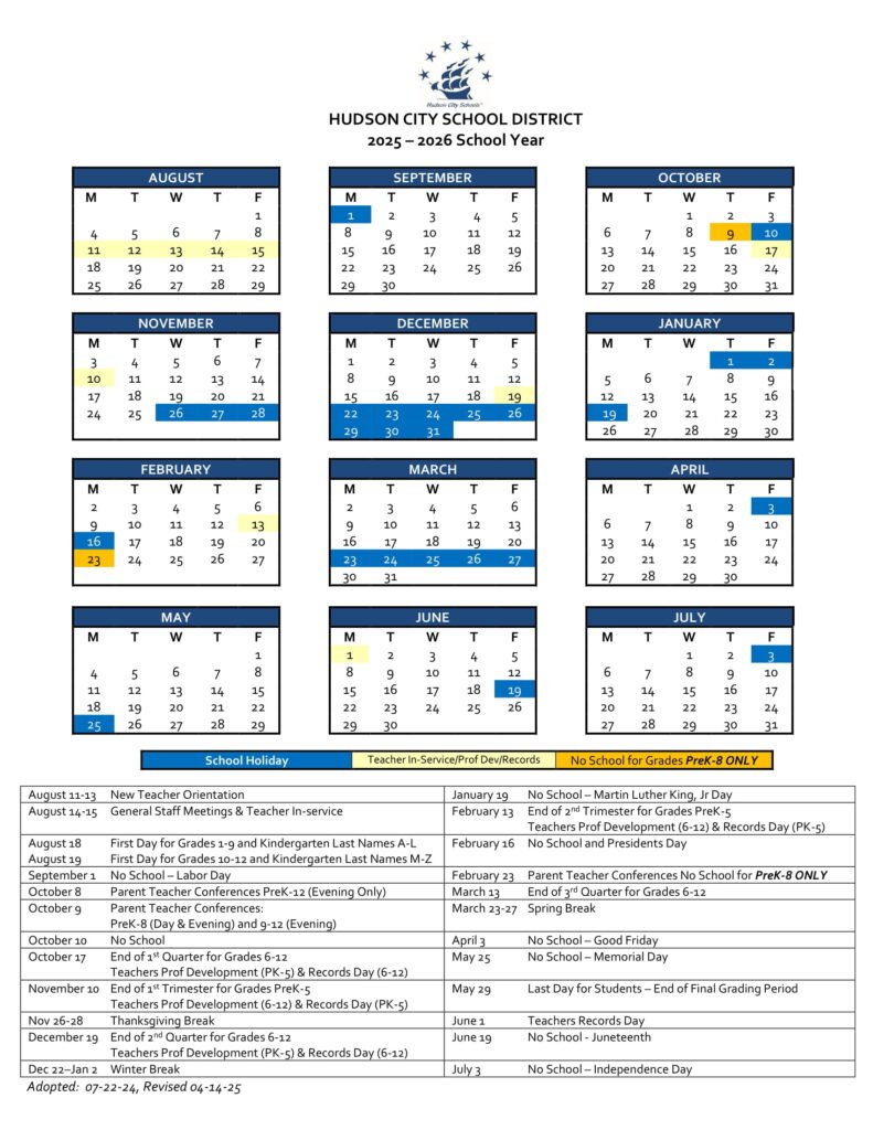 HUDSON CITY SCHOOL DISTRICT CALENDAR
