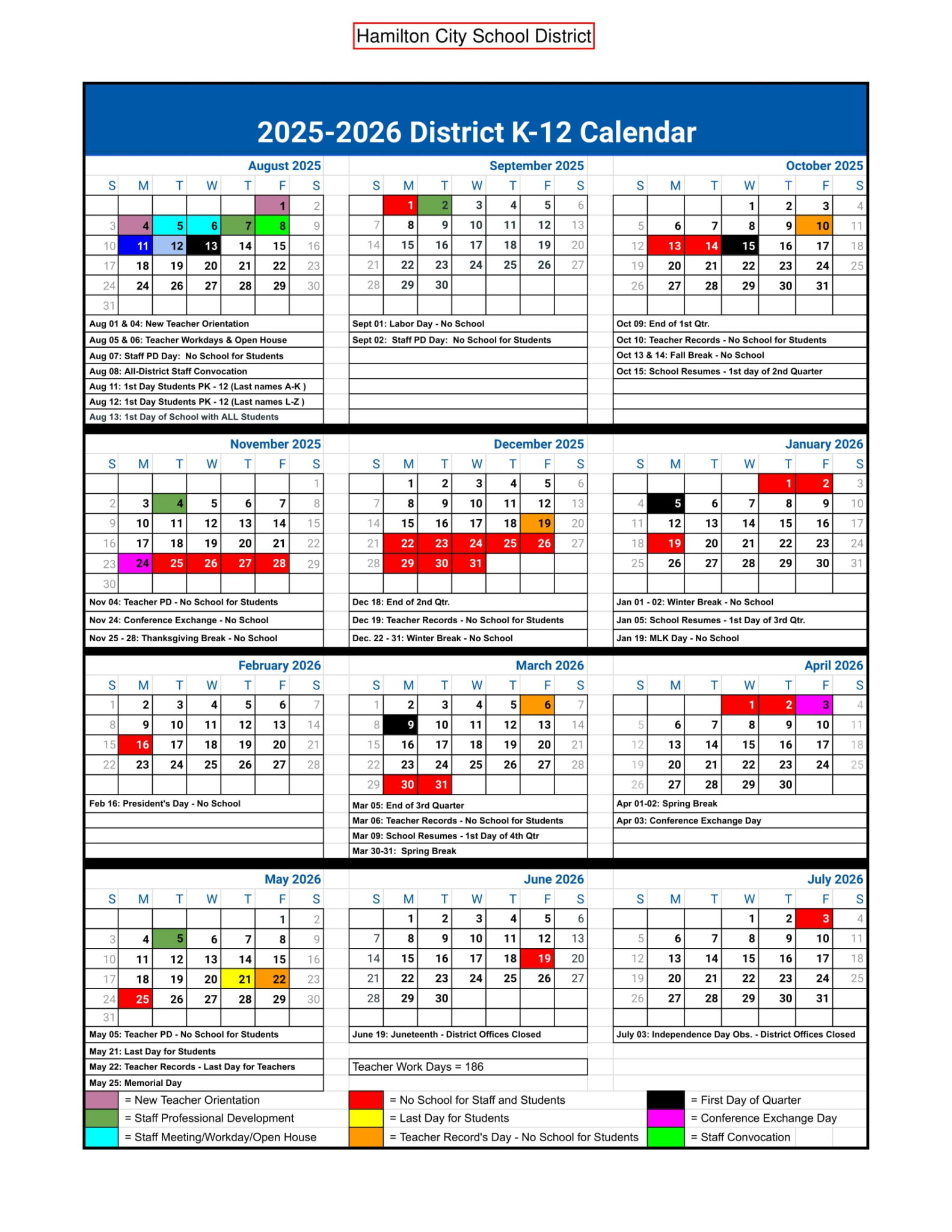 Hamilton City School District Calendar 2526 Revised EduCounty