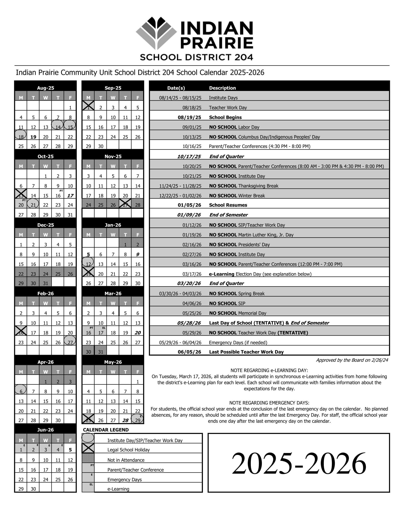 Indian Prairie IPSD District 204 Calendar 25 26 EduCounty