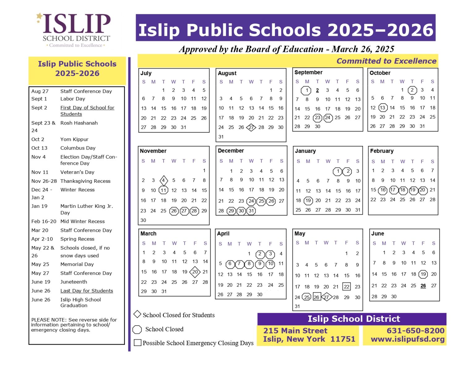 Islip School District Calendar 25 26 PDF Revised EduCounty