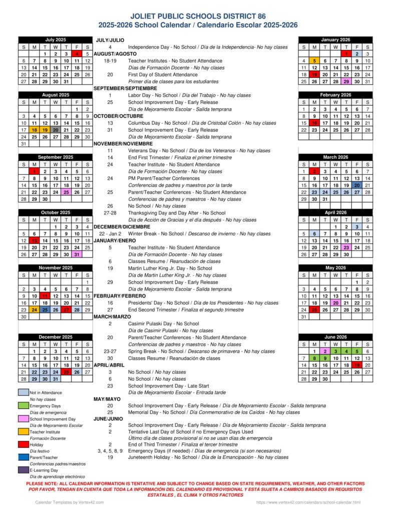 Joliet Public District 86 Calendar