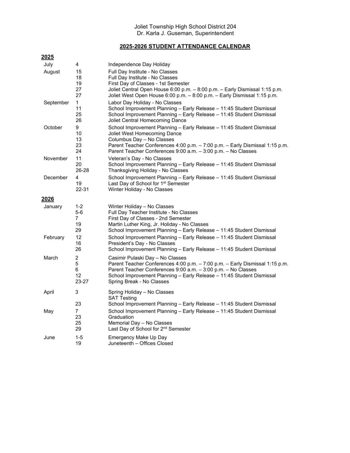 Joliet Township High JTHS District 204 Calendar 25-26 - EduCounty