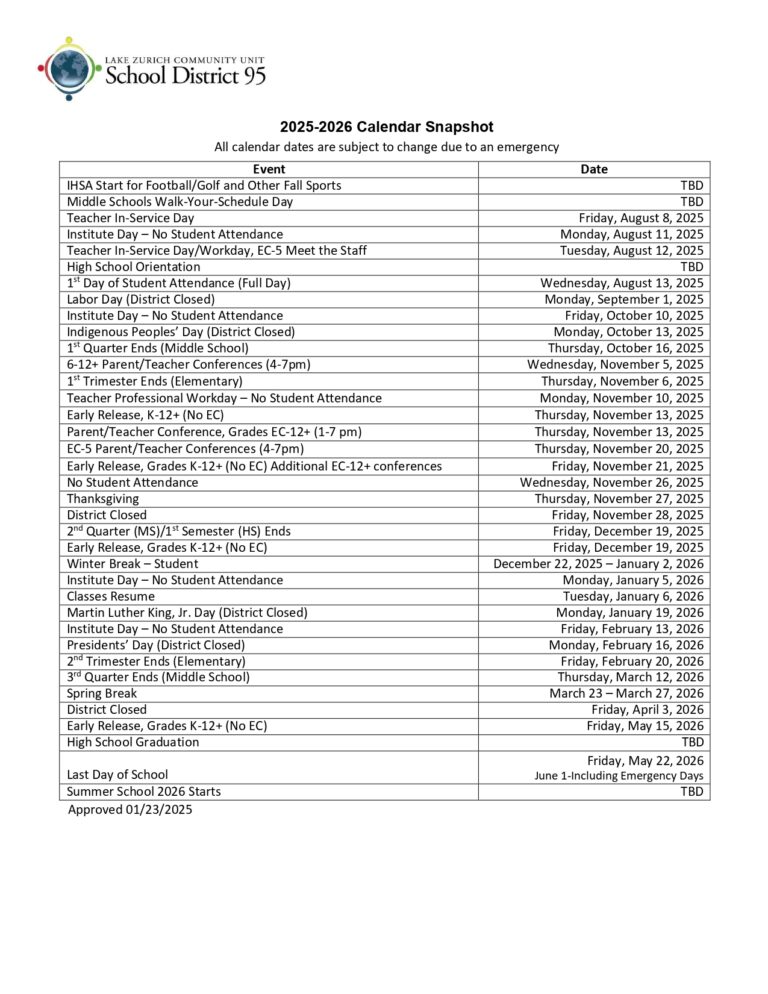 Lake Zurich LZ95 District 95 Calendar PDF revised EduCounty