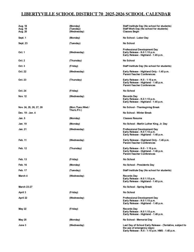 Libertyville School District 70 Calendar 25 26 revised EduCounty