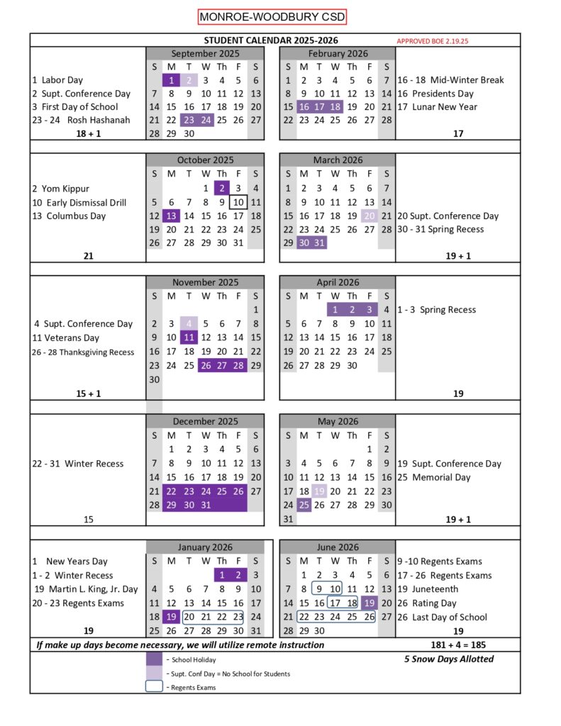 MONROE WOODBURY CSD 25 26 Calendar revised EduCounty