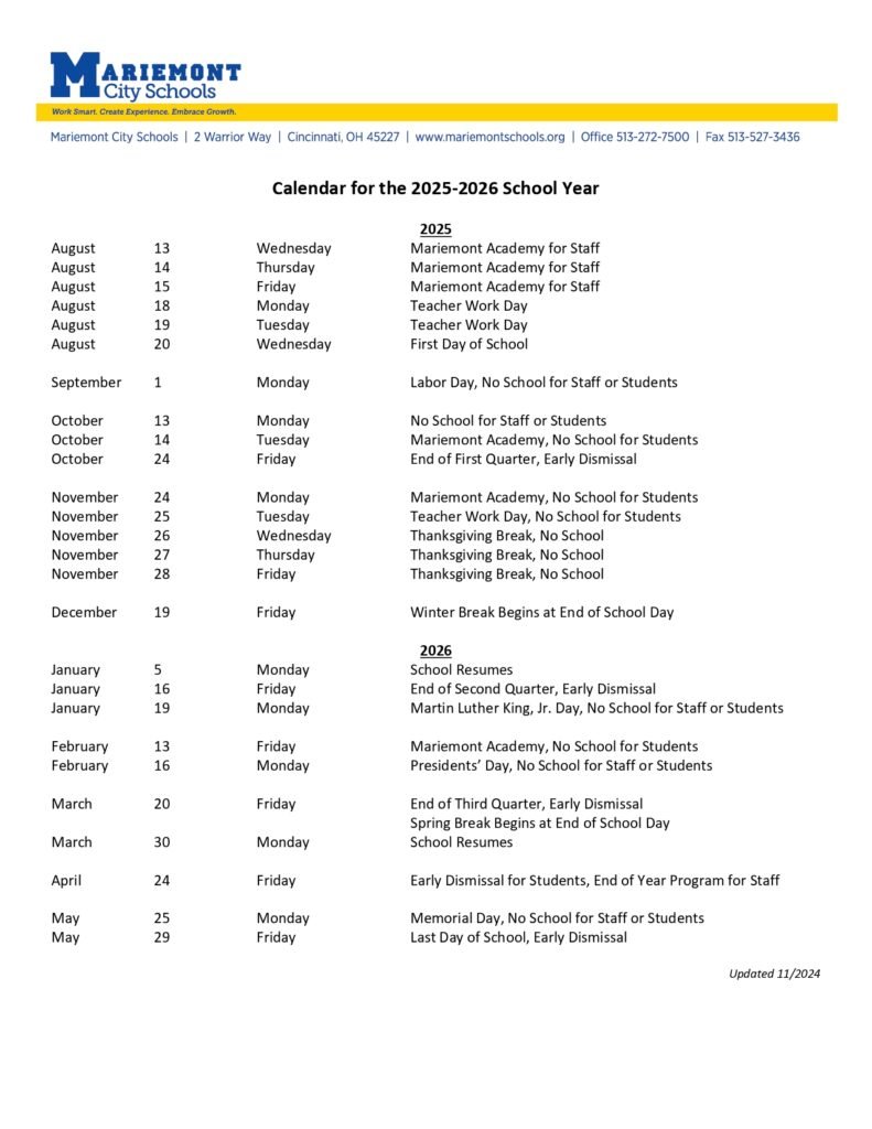 Mariemont City Schools Calendar
