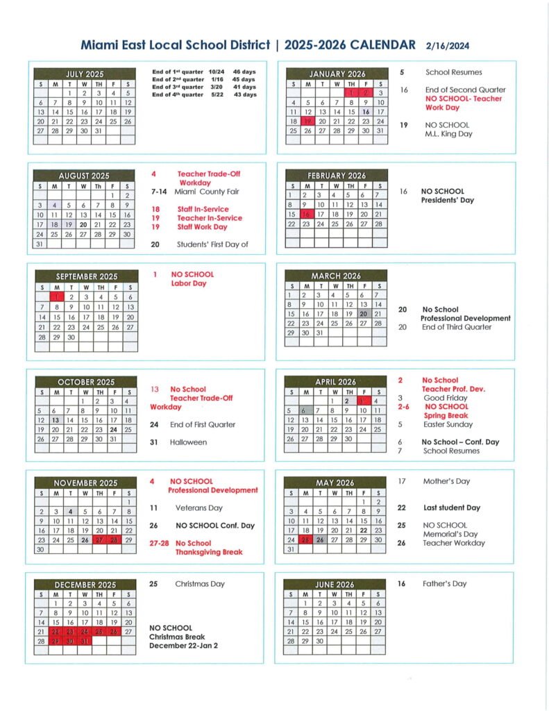 Miami East Local School District calendar 25-26