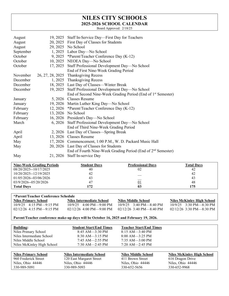 Niles City Schools District Calendar 25 26 Revised PDF EduCounty