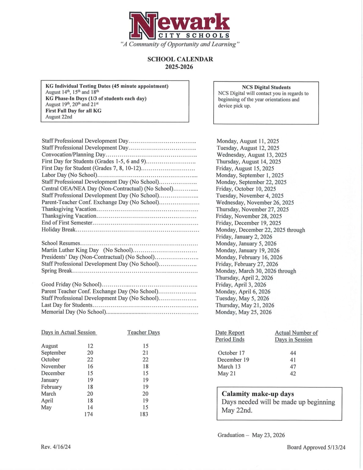 Newark City Schools Calendar 25 26 Revised PDF EduCounty