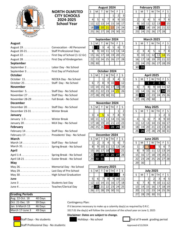 North Olmsted City Schools 2425 Calendar Revised EduCounty