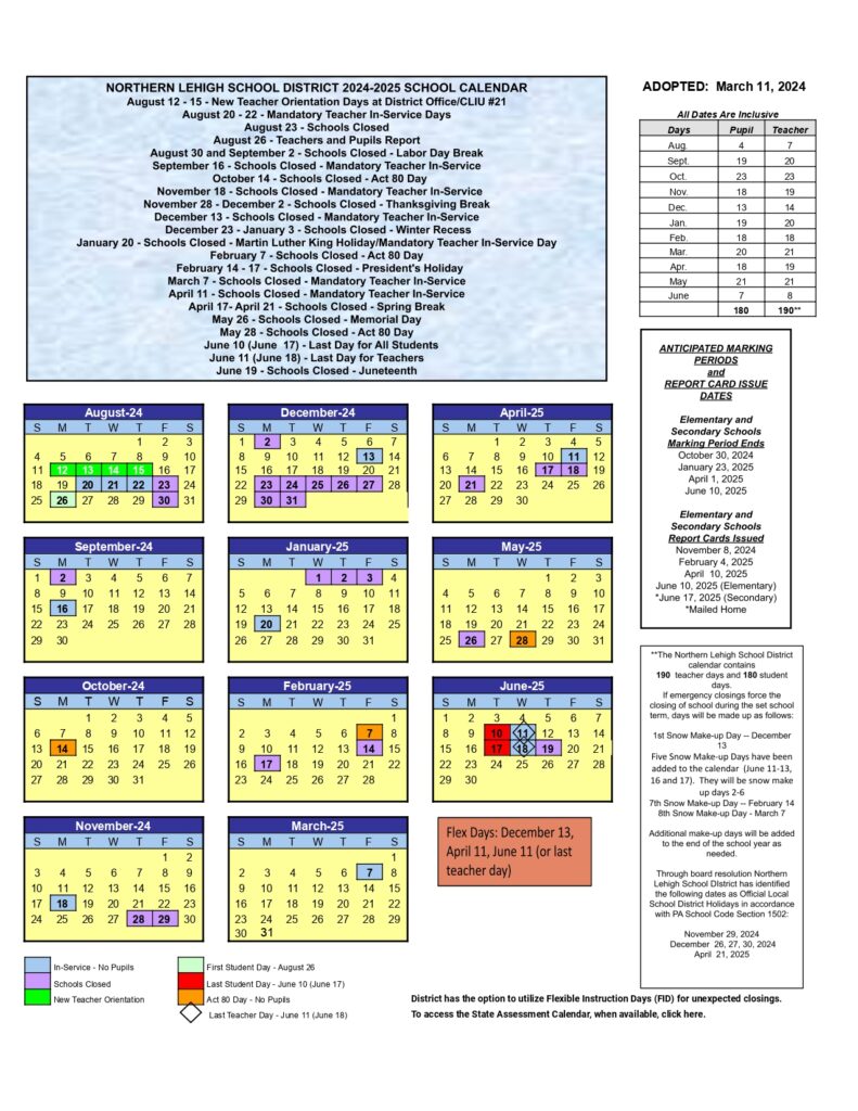 Northern Lehigh School District Calendar PDF 24 25 revised EduCounty