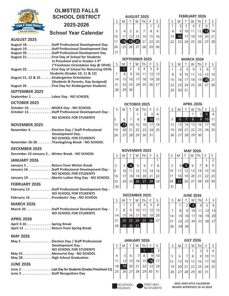 Olmsted Falls School District calendar revised