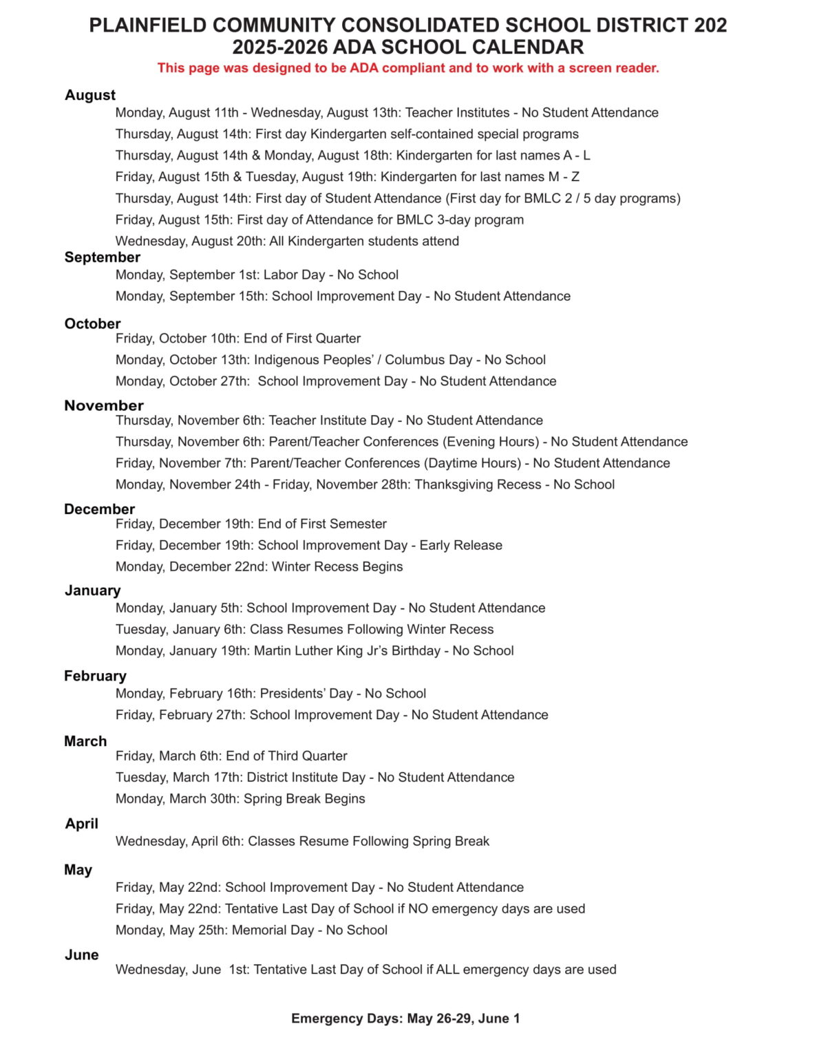 Plainfield District PSD202 Calendar 25-26 REVISED - EduCounty