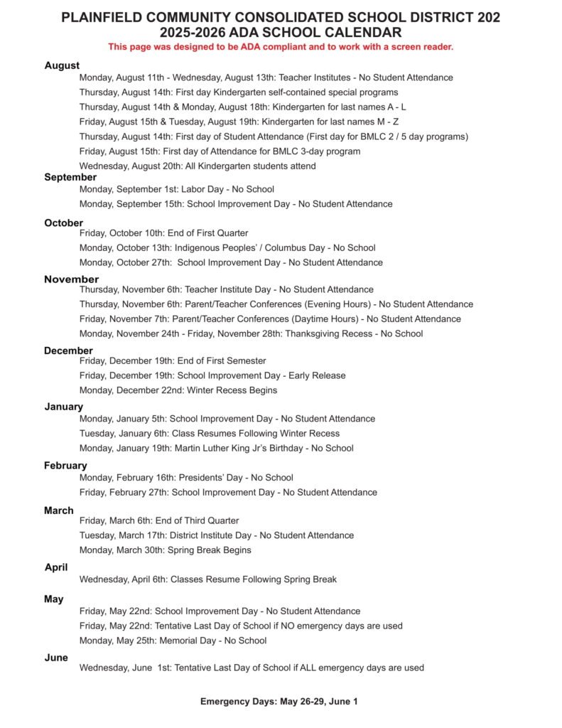 Plainfield District PSD202 Calendar 25 26 REVISED EduCounty Plainfield District PSD202 Calendar 25 26 REVISED EduCounty