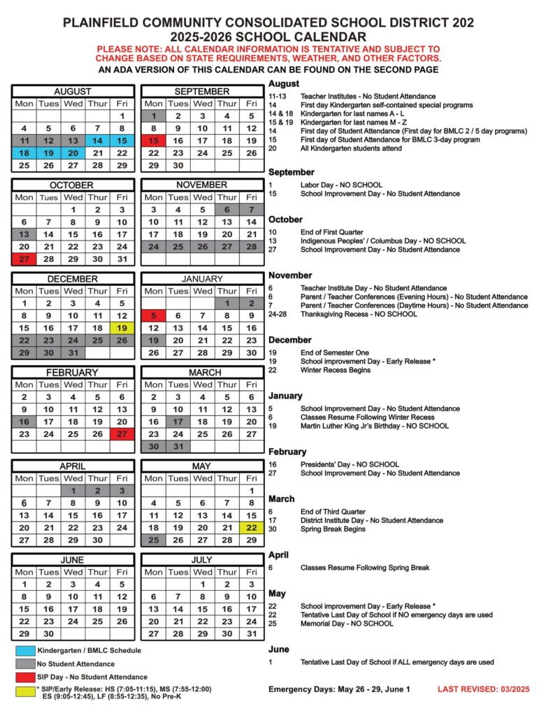 Plainfield District PSD202 Calendar 25 26 REVISED EduCounty Plainfield District PSD202 Calendar 25 26 REVISED EduCounty
