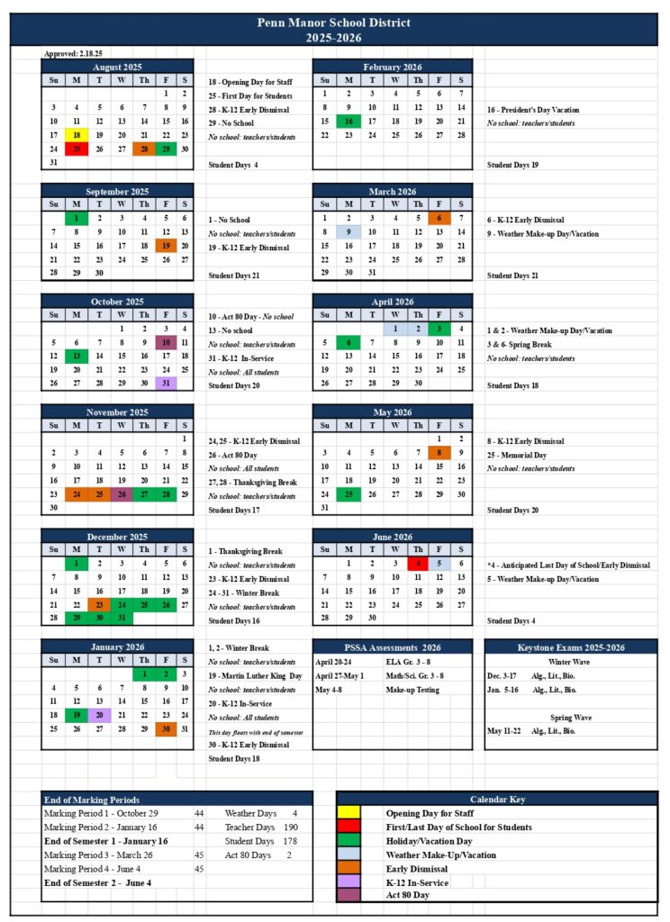 Penn Manor School District Calendar 2526 [PDF] revised EduCounty