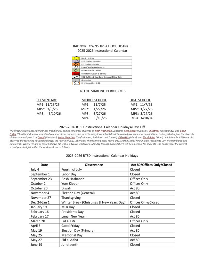 Radnor Township School District Calendar 2526 [PDF] REVISED EduCounty