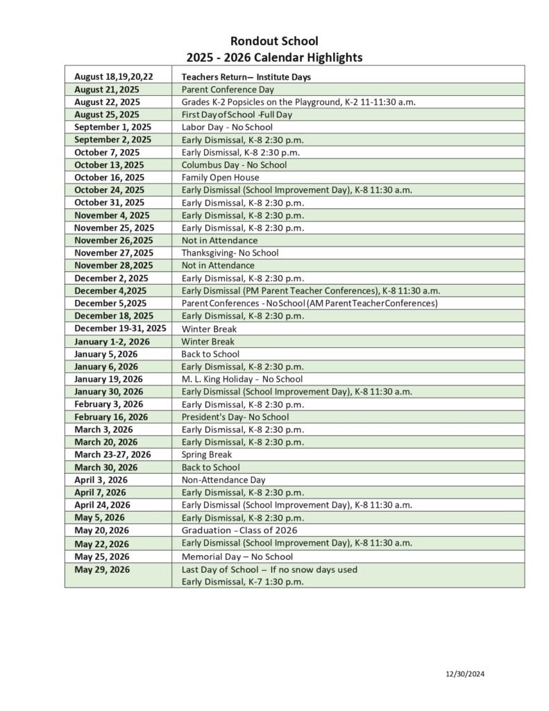 Rondout School calendar