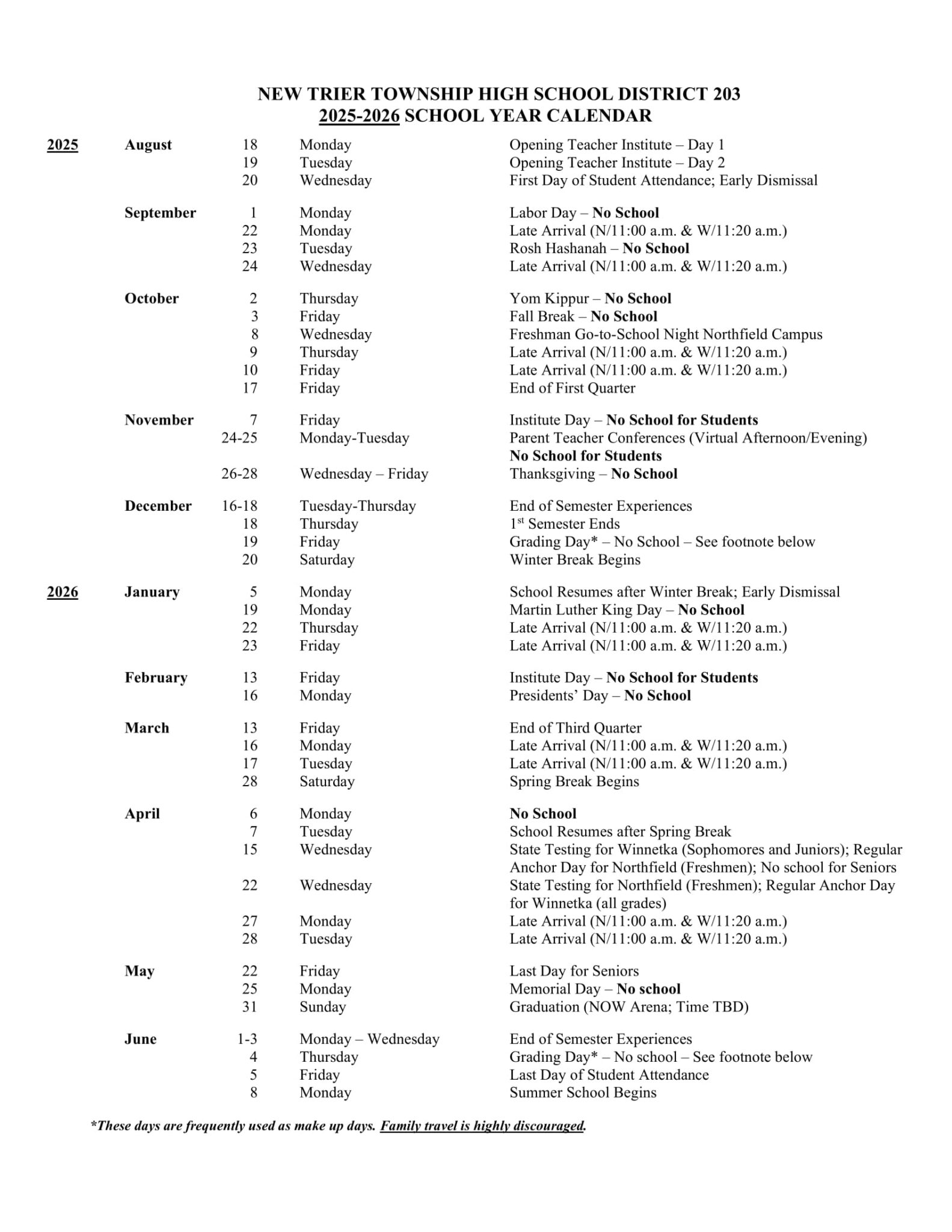 New Trier Calendar 2526 [PDF] revised EduCounty