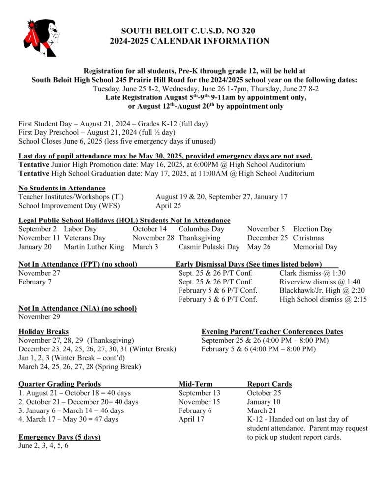 South Beloit District 320 Calendar