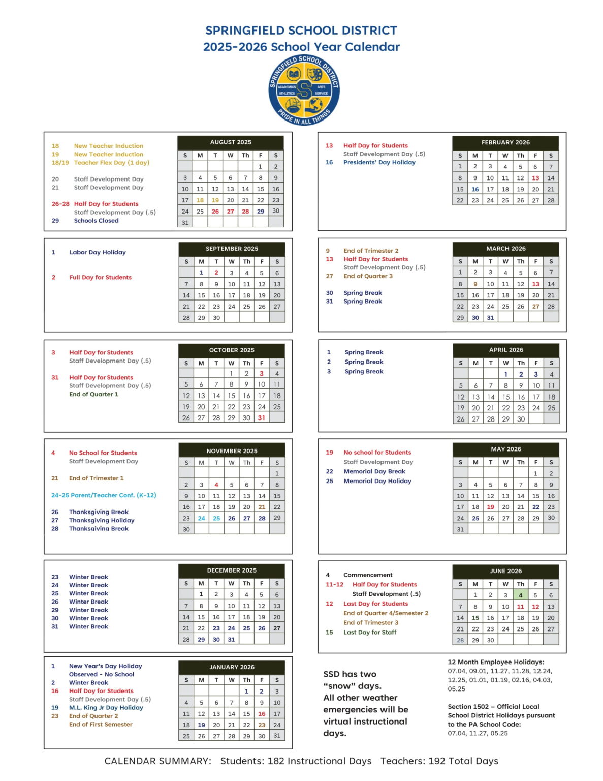 Springfield School District Calendar 25 26 PDF revised EduCounty