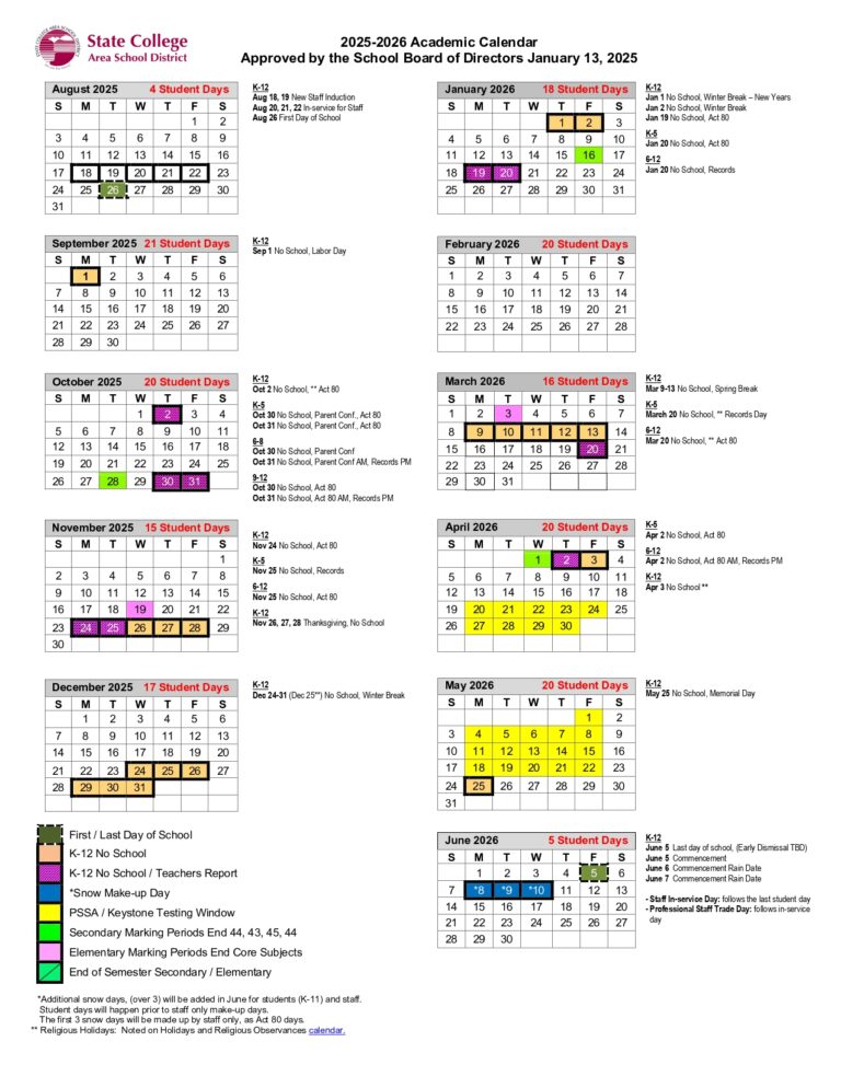 State College Area SCASD 25 26 Calendar PDF revised EduCounty