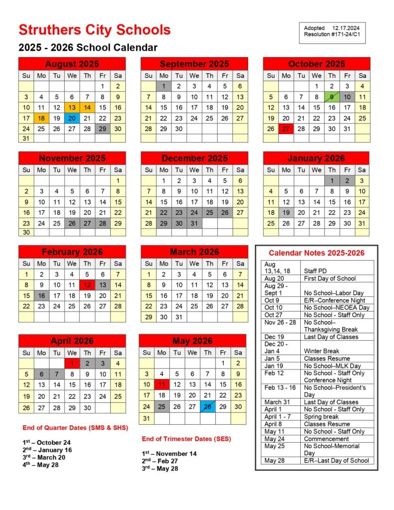 Struthers City School District Calendar