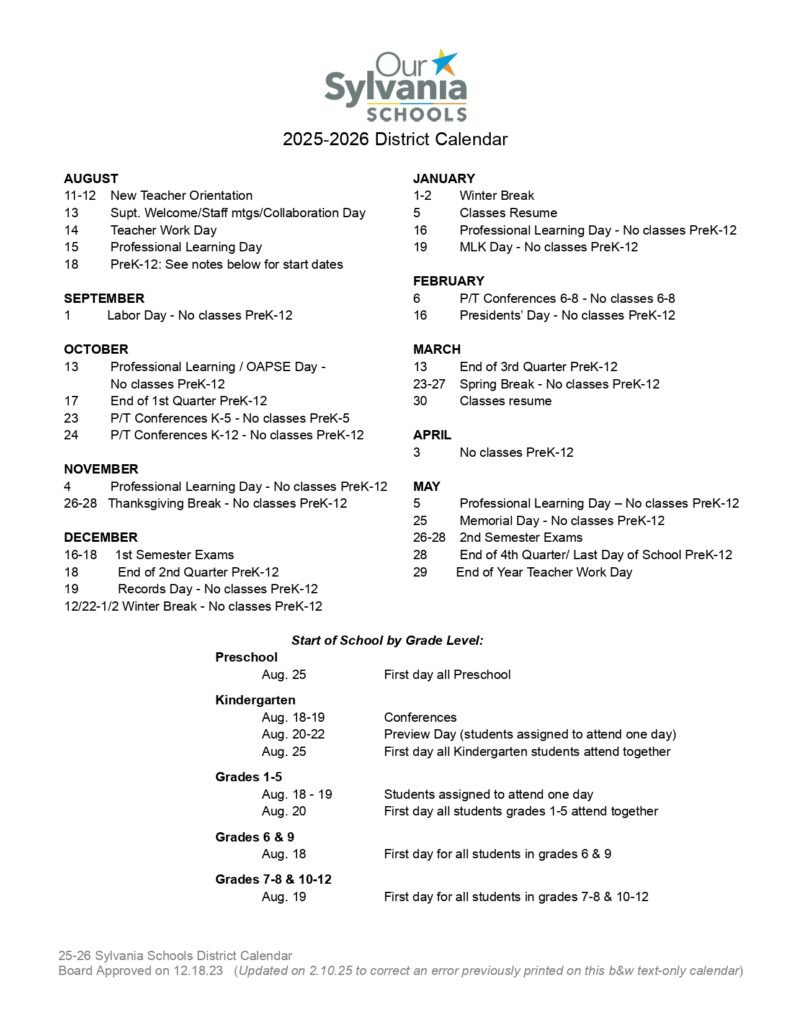 Sylvania Schools oh calendar revised