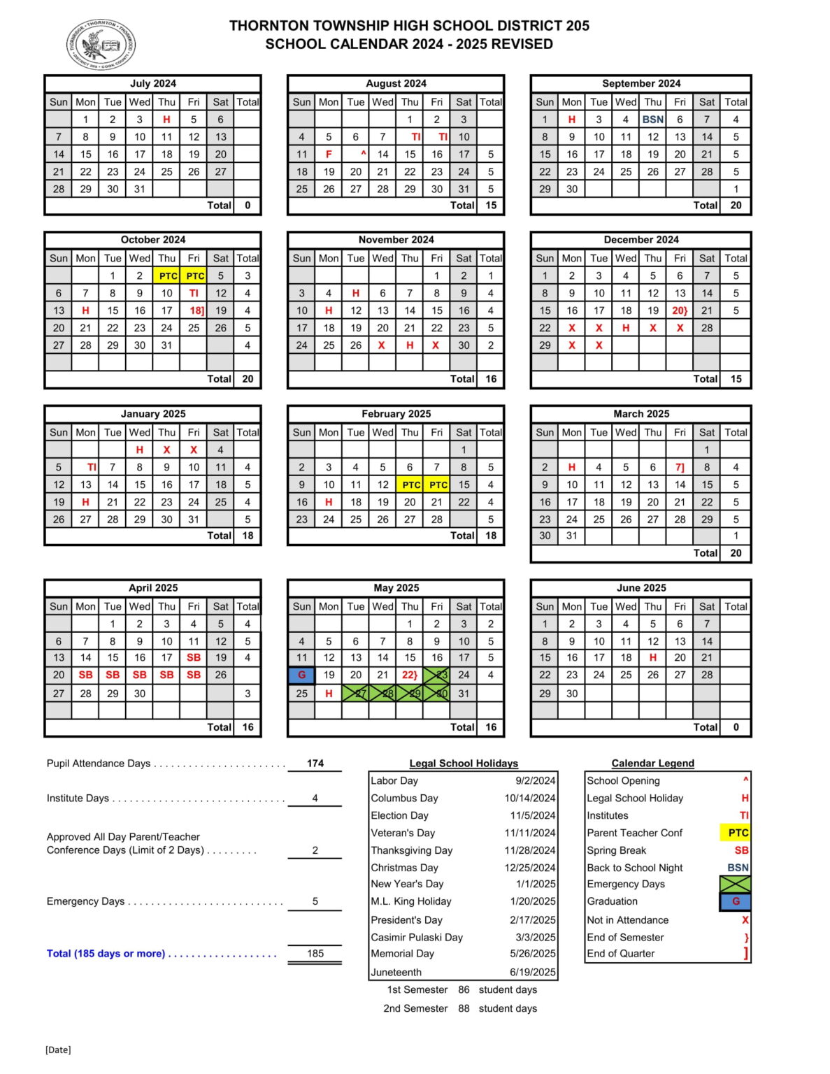 Thornton Township District 205 Calendar 24 25 PDF REVISED EduCounty