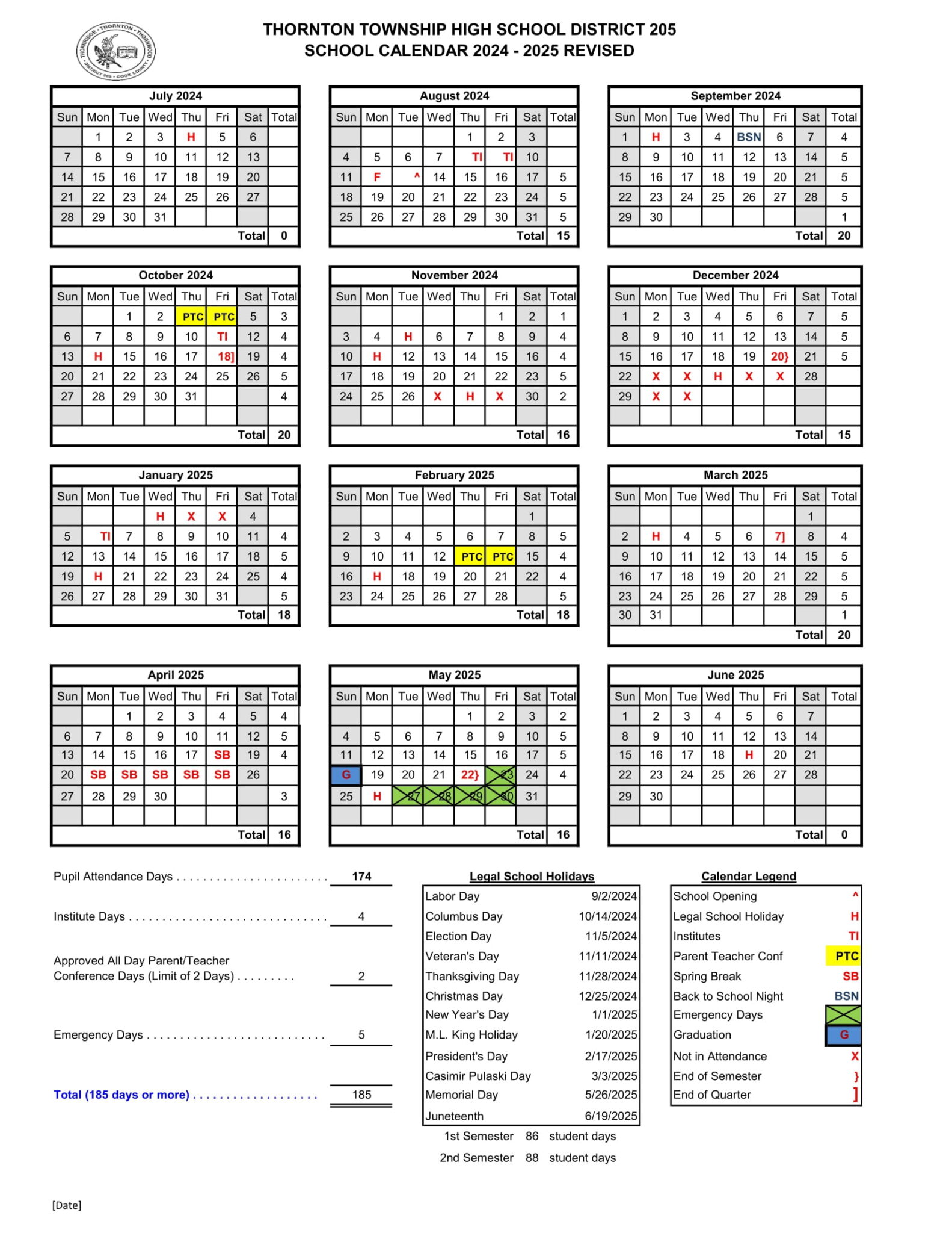 Thornton Township District 205 Calendar 24 25 PDF REVISED EduCounty