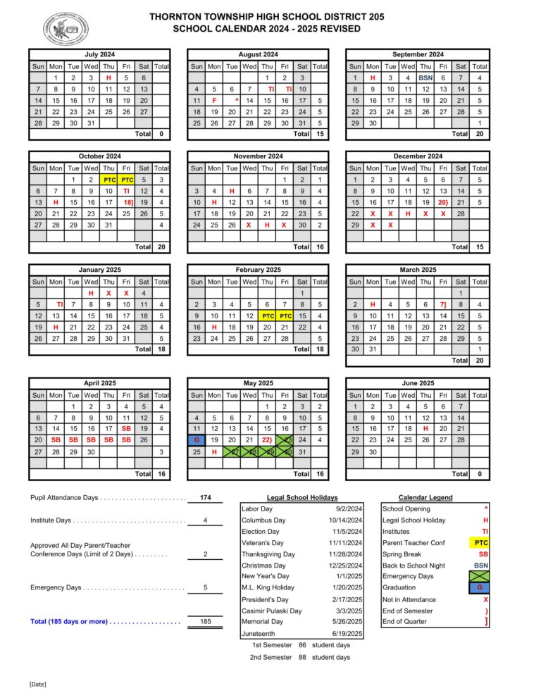Thornton Township District 205 Calendar 24 25 PDF REVISED EduCounty