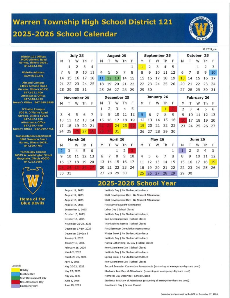 WTHS Warren township Calendar