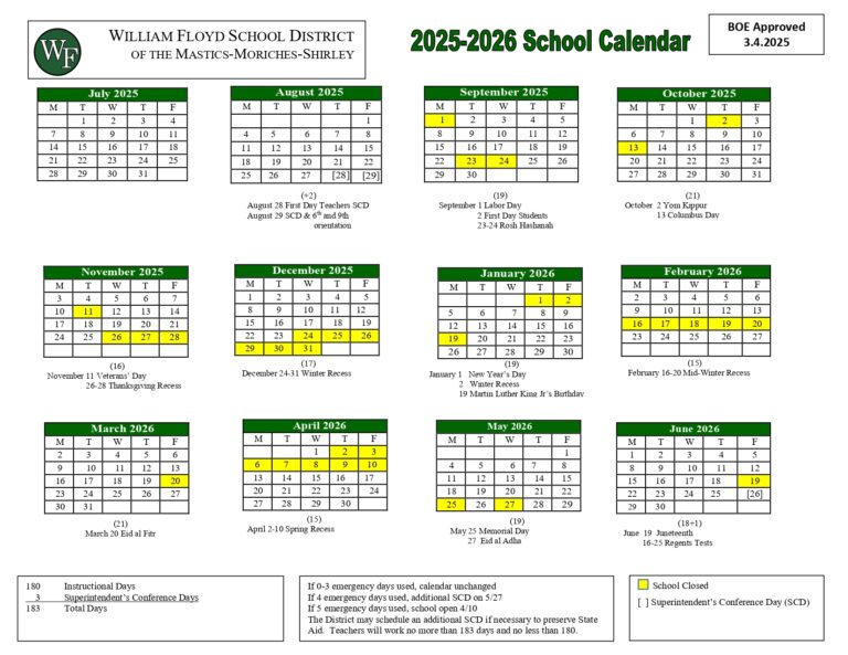 William Floyd School District Calendar 2526 revised EduCounty