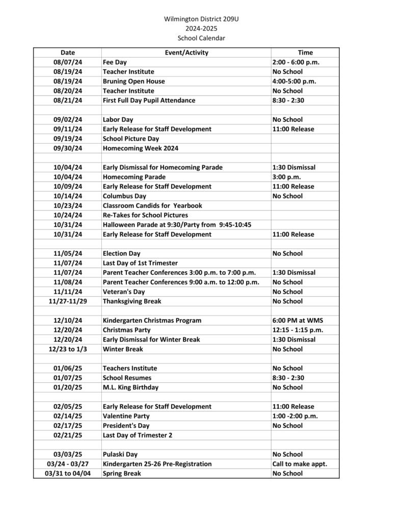 Wilmington District 209U calendar
