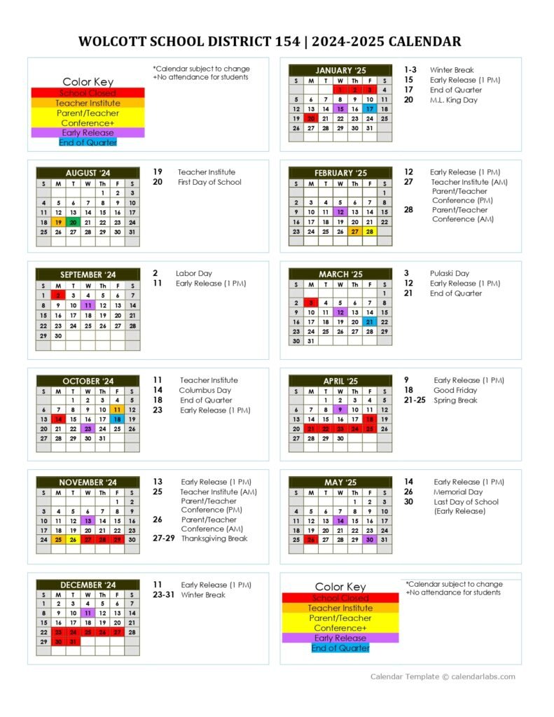 Wolcott School District 154 Calendar