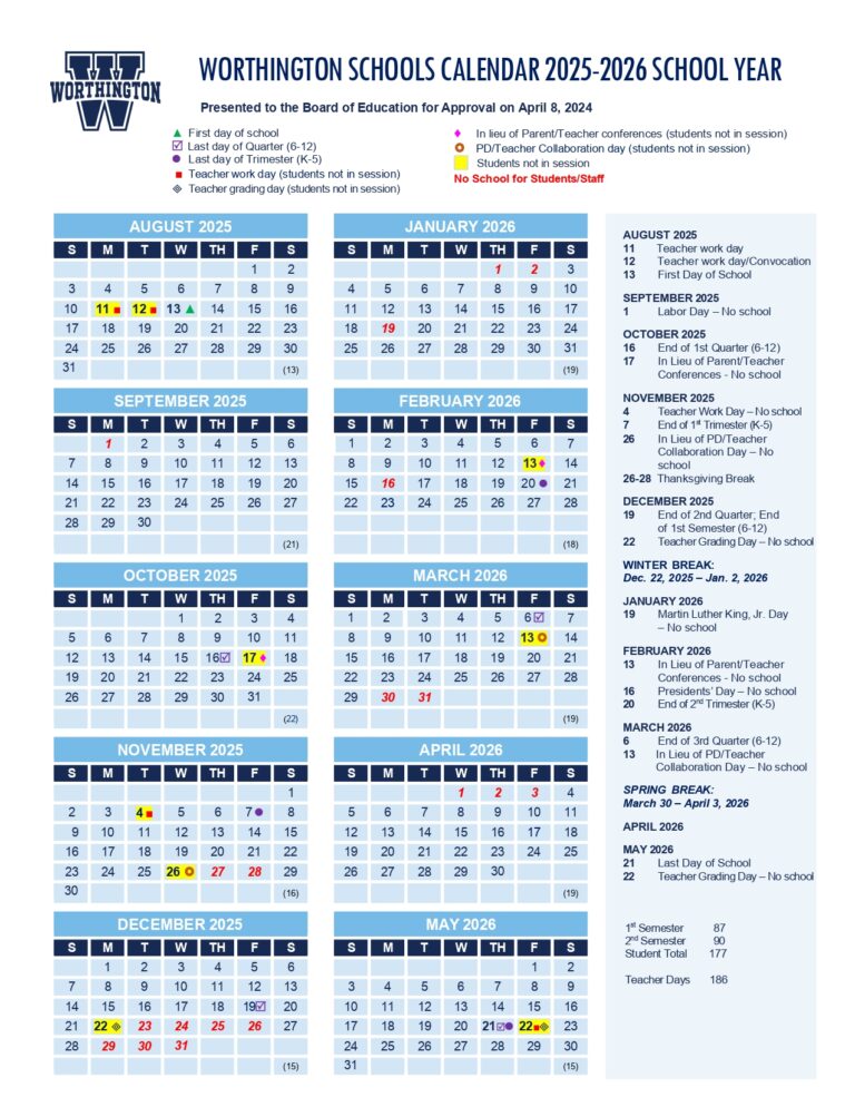 Worthington schools Calendar 25 26 revised PDF EduCounty