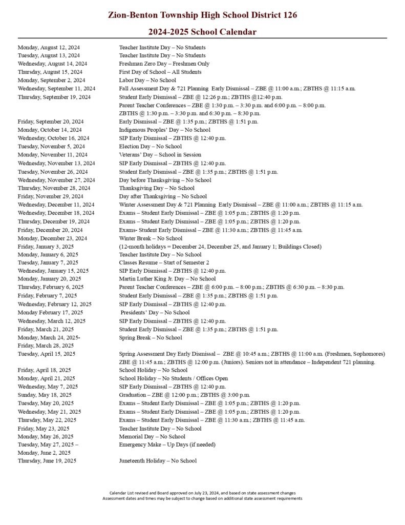 Zion-Benton 126 Calendar