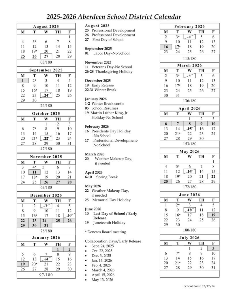 ABERDEEN SCHOOL DISTRICT CALENDAR