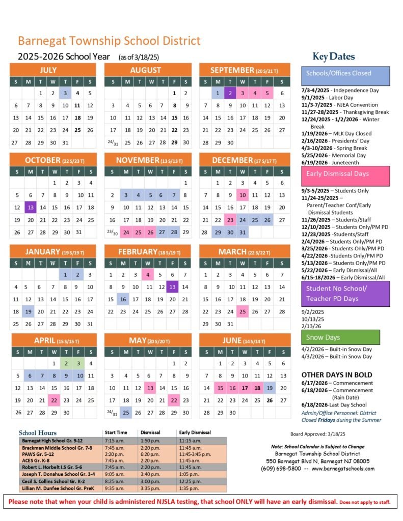 Barnegat Township School District calendar