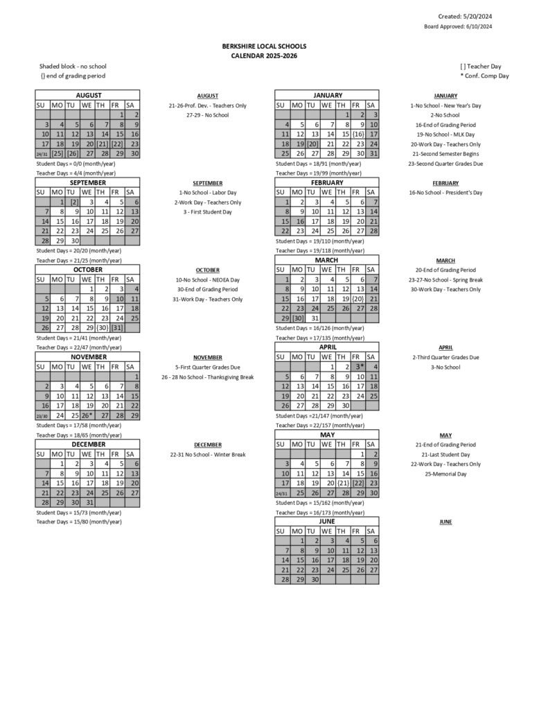 Berkshire Local School District Calendar