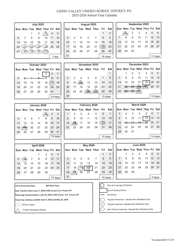 CHINO VALLEY UNIFIED SCHOOL DISTRICT Calendar 2526 Revised [PDF