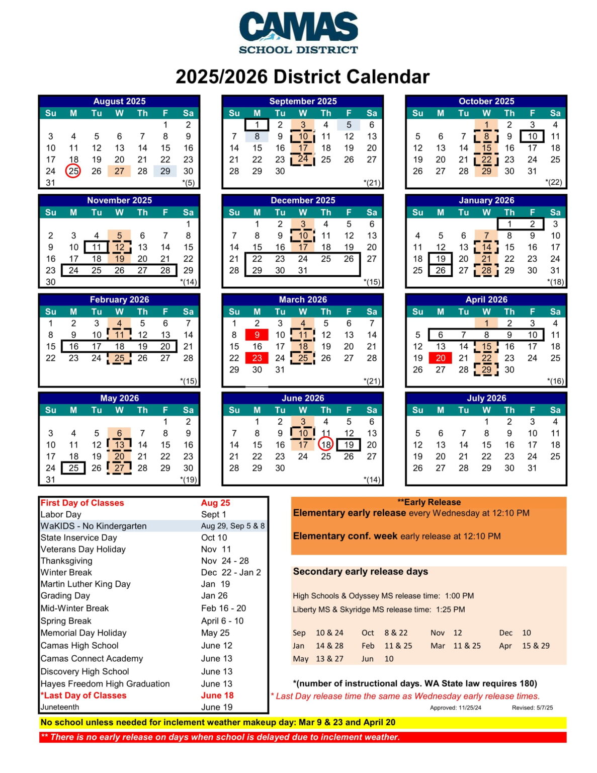 Camas School District wa Calendar 2526 Revised [PDF] EduCounty
