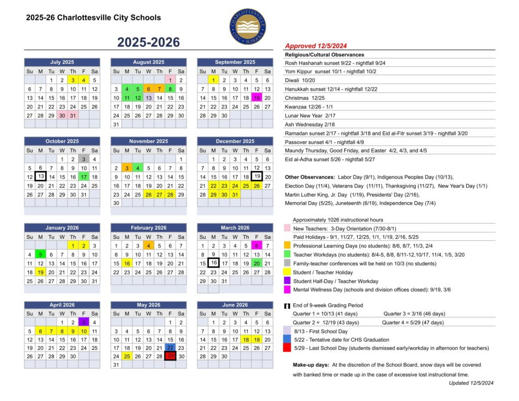 Charlottesville City Schools va calendar