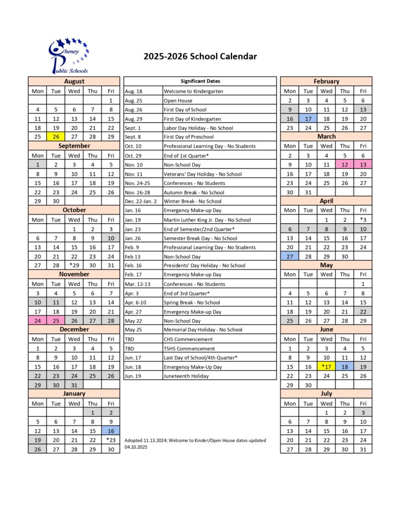 Cheney Public Schools WA Calendar 25-26 Revised [PDF] - EduCounty