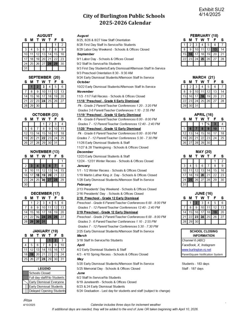 City of Burlington Public Schools Calendar 25 26 Revised PDF EduCounty