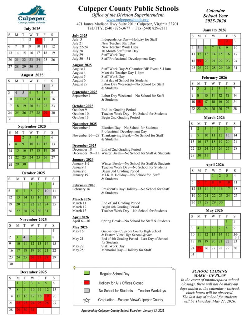 Culpeper County Public Schools CALENDAR
