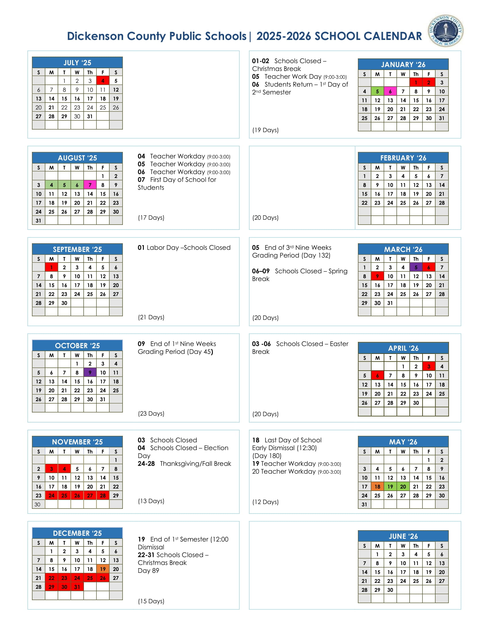 Dickenson County Public Schools va Calendar 25-26 Revised [pdf] - EduCounty