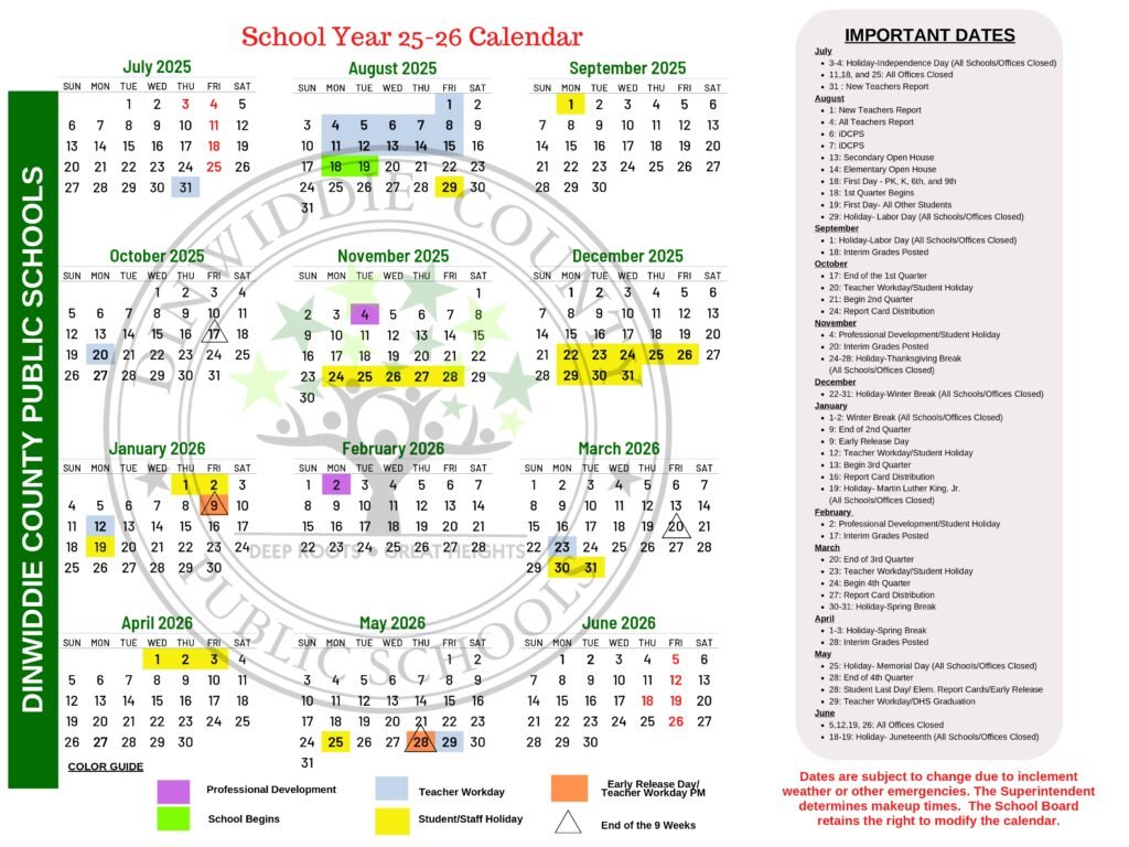 Dinwiddie County public schools calendar