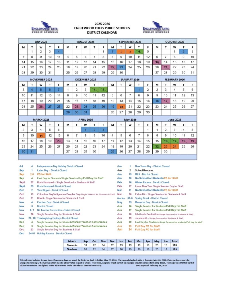 ENGLEWOOD CLIFFS PUBLIC SCHOOLS calendar